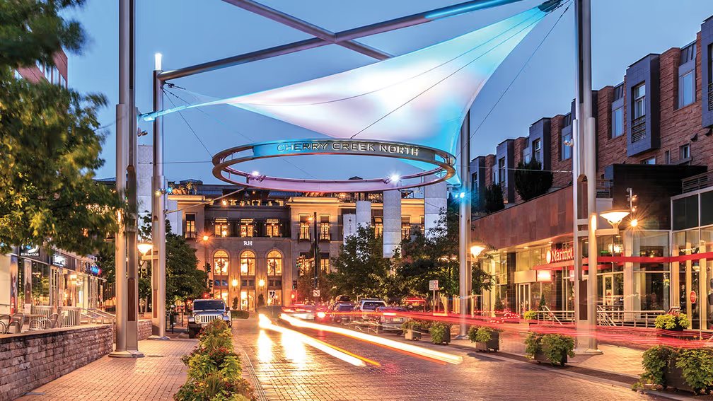 Cherry Creek North at dusk near Full Bloom Counseling — therapy in Cherry Creek and Glendale, Denver